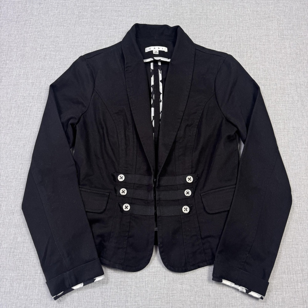 CAbi Blazer Womens 4 Black Military Jacket Collared Short Hook & Eye Pockets - Picture 1 of 12